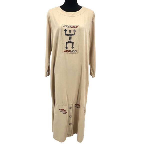Blue‎ Cactus Vintage Women’s Maxi Dress Large 100% Cotton Long Sleeve Tan - Picture 1 of 7
